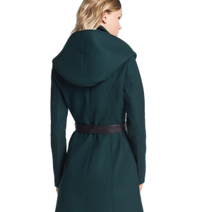 Hooded Wool Blend Coat with Leather Belt