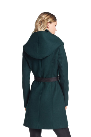 Hooded Wool Blend Coat with Leather Belt